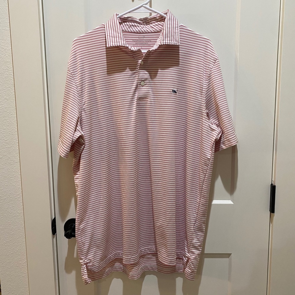 Vineyard Vines Men's Performance Polo. Large. White w/Red Stripes. Poly/Spandex